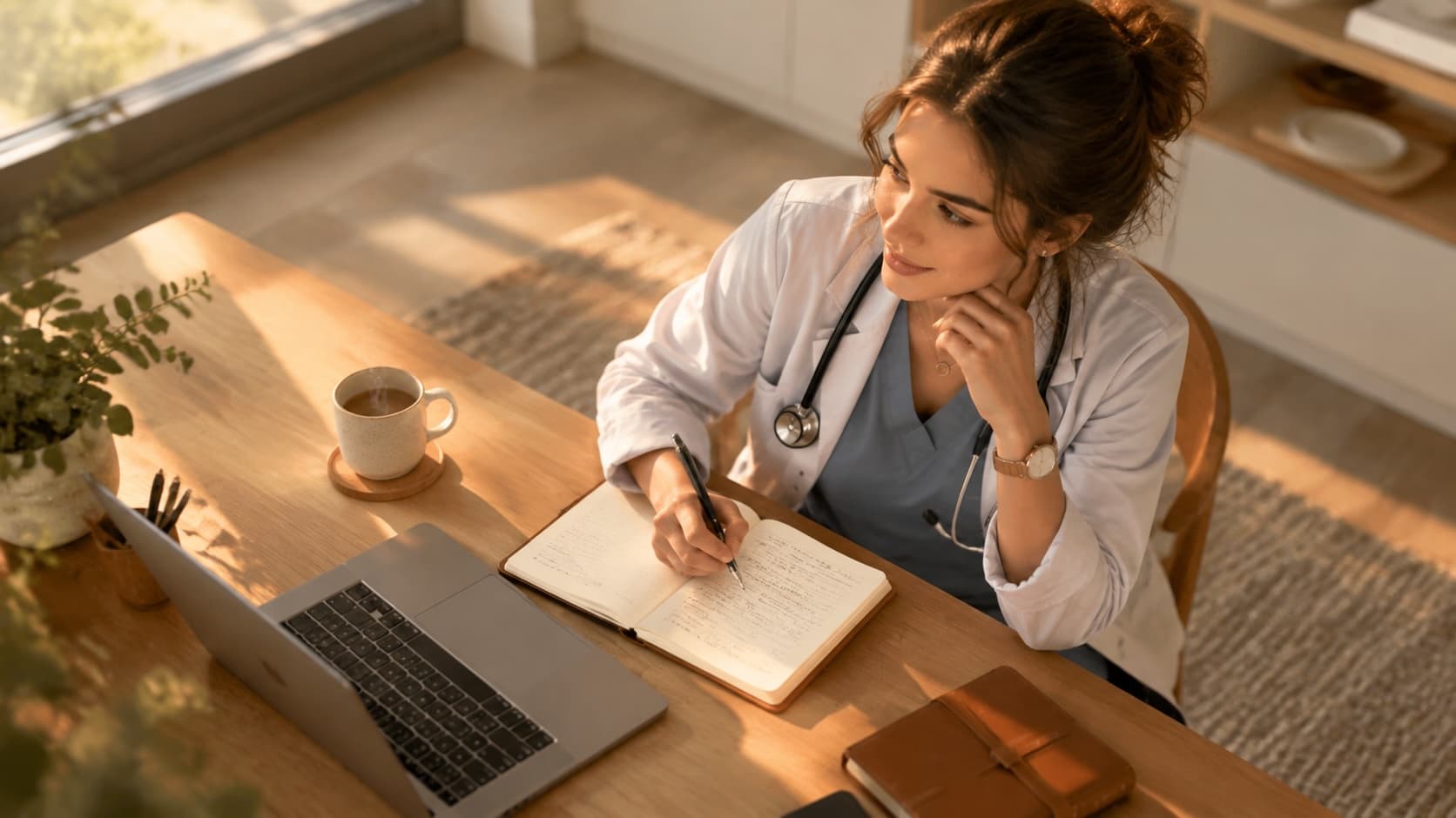 A nurse writing in a notebook at a sunlit table, beside a laptop and a cup of coffee
